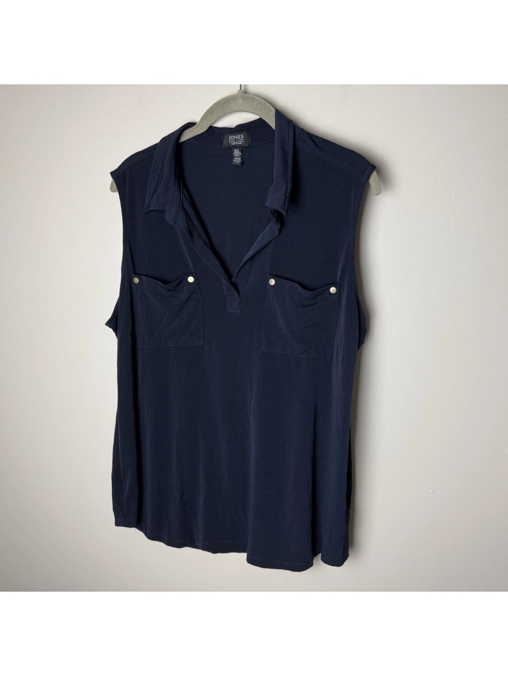 Jones New York Signature Sleeveless Blouse Size XL Navy Blue Stretch Pockets